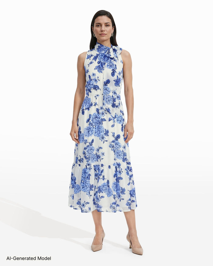 Anne Klein Tie Neck Tiered Construction Midi Length Dress