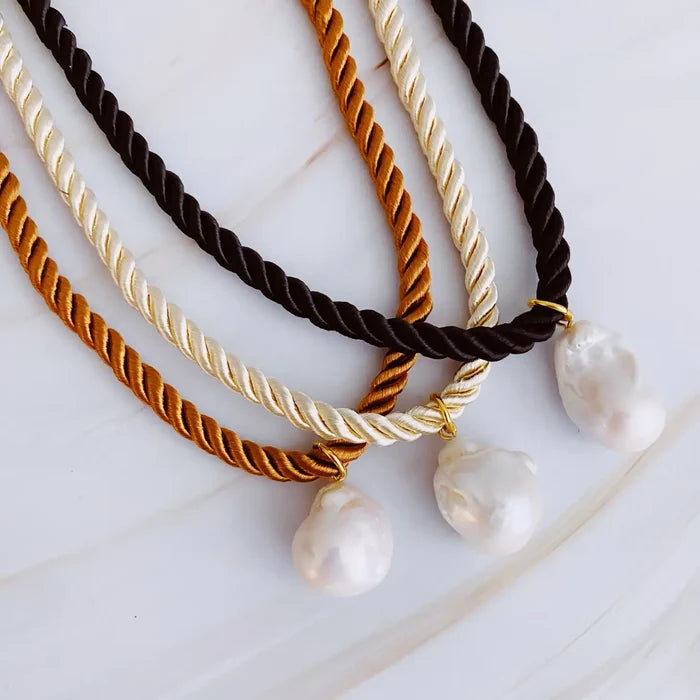 TL JEY Satin Rope Pearl Necklace