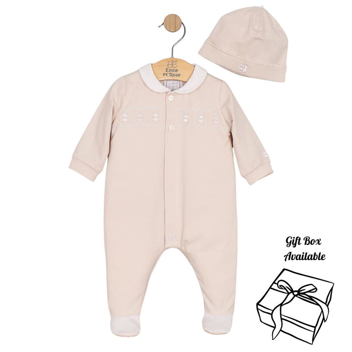 Unisex Beige Embroidered Babygrow & Hat