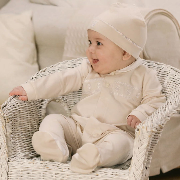 Unisex Beige Embroidered Babygrow & Hat