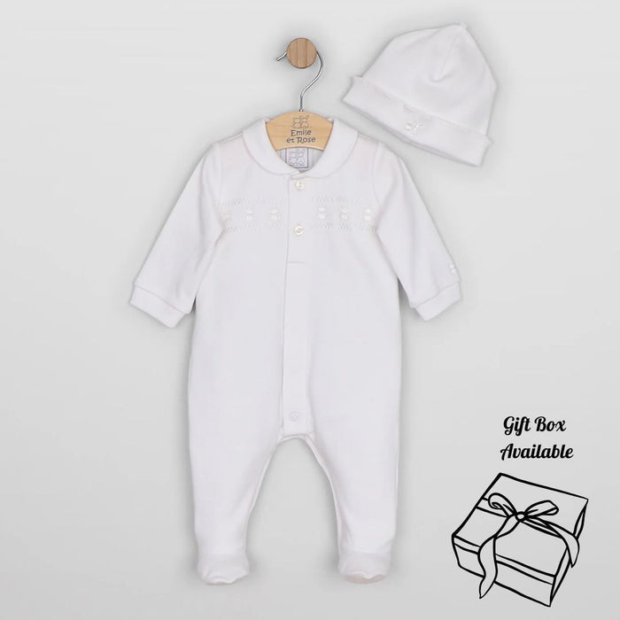 Unisex White Embroidered Babygrow & Hat