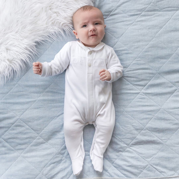 Unisex White Embroidered Babygrow & Hat