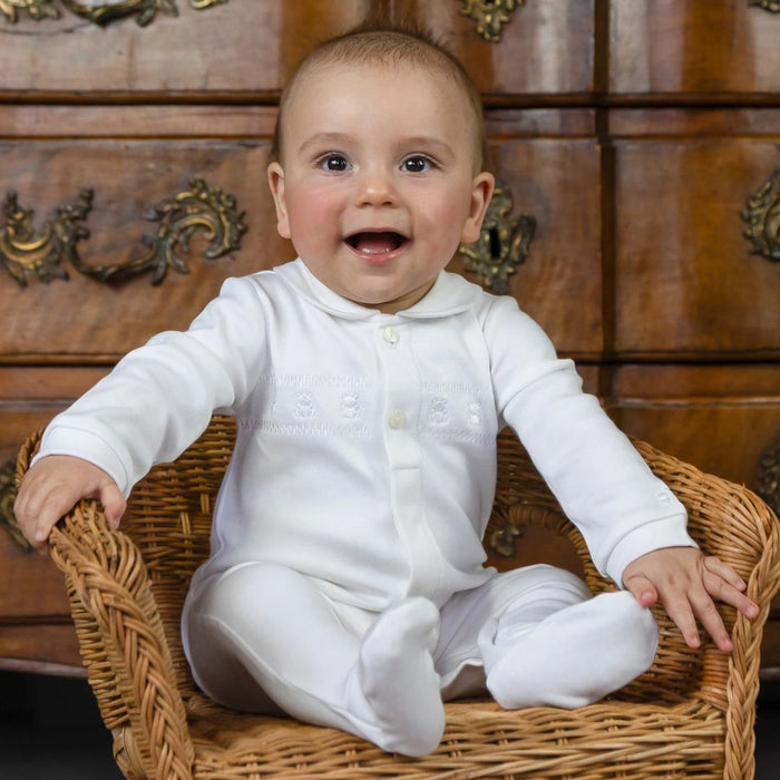 Unisex White Embroidered Babygrow & Hat