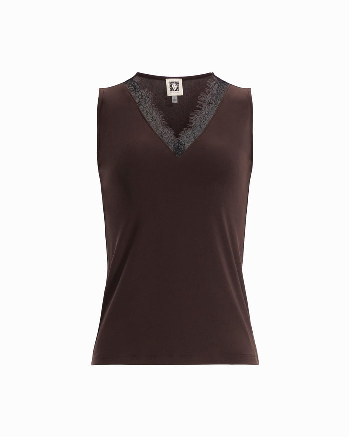 Anne Klein DEEP MAHOGANY V-Neck Lace Trim Top
