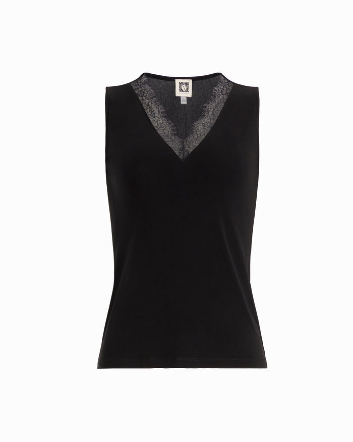 Anne Klein ANNE BLACK V-Neck Lace Trim Top