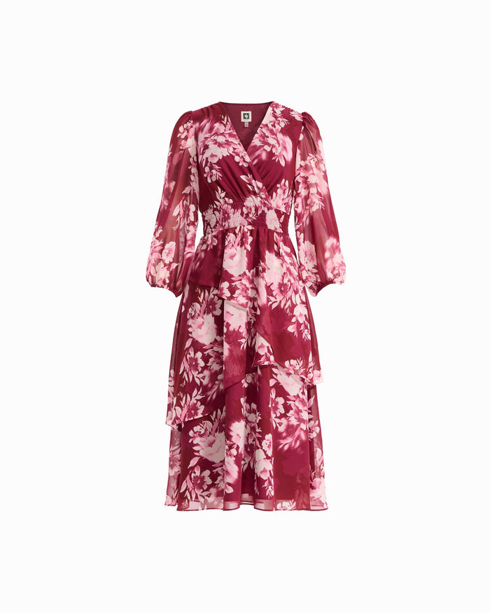 Anne Klein NEW BURGUNDY MULTI V-Neck Tiered Ruffle Midi Dress