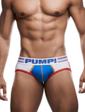 A model wearing a striped electric blue and red jockstrap with a PUMP! brand waistband.