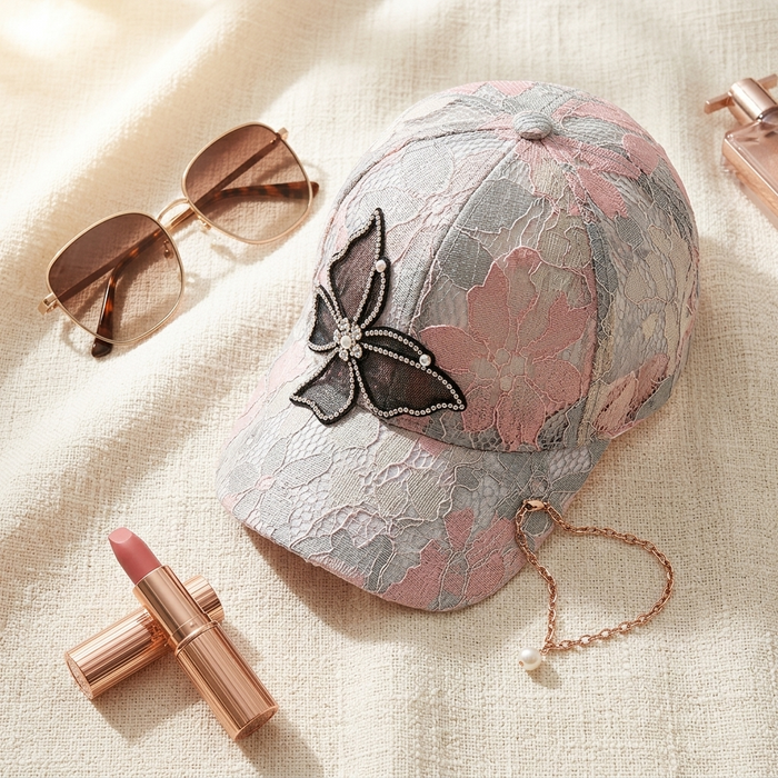 Veluna – Rhinestone Butterfly Lace Baseball Cap