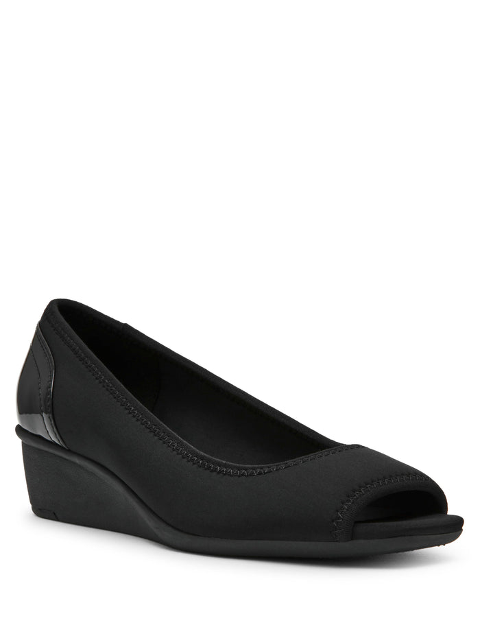 Anne Klein Black Stretch Waylynn Peep-Toe Wedge Sandal