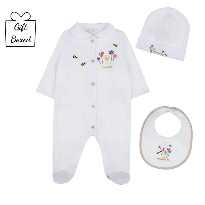 White Embroidered Babygrow, Hat & Bib