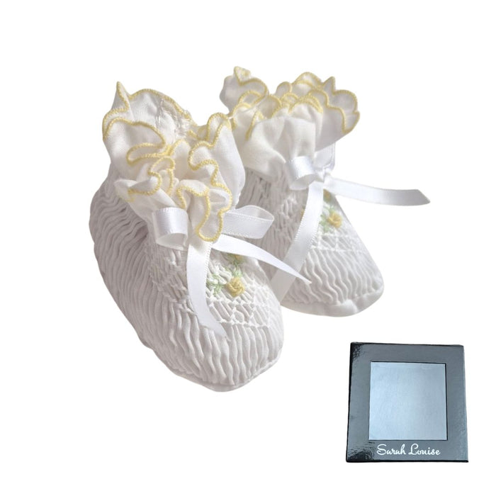 White & Lemon Hand Smocked Booties