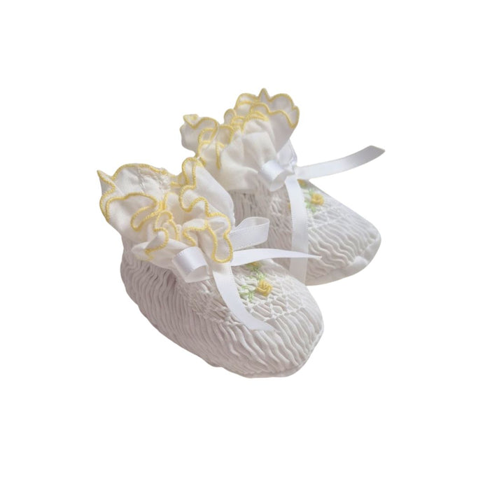 White & Lemon Hand Smocked Booties