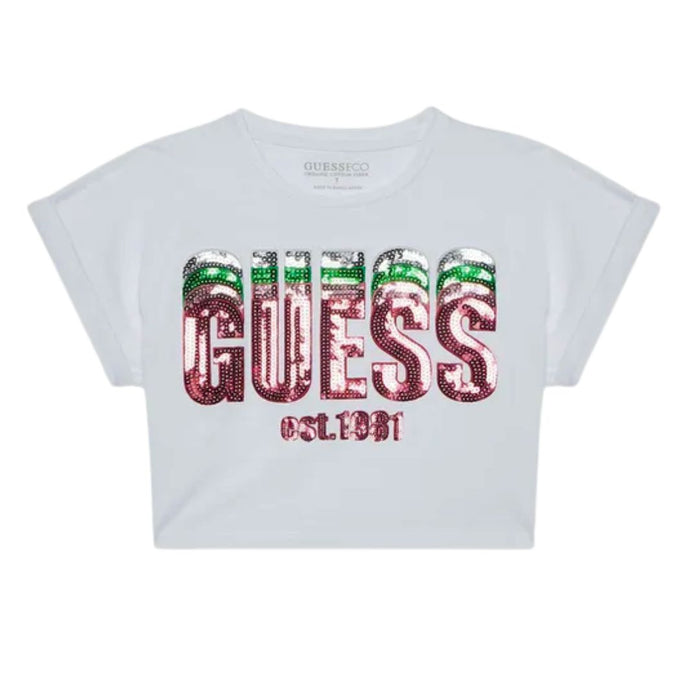 White Multi Sequin Logo Crop T-Shirt