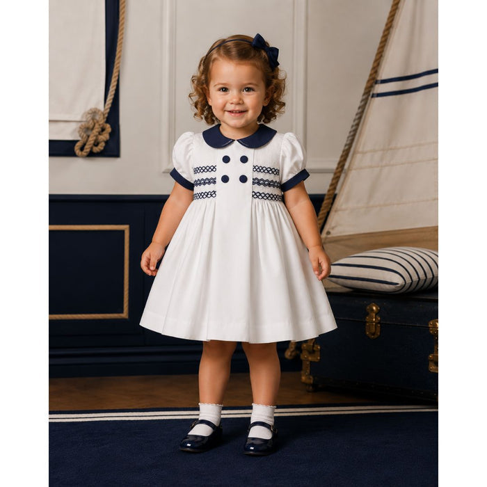 White & Navy Trim Smocked Dress