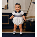 White & Navy Trim Smocked Romper