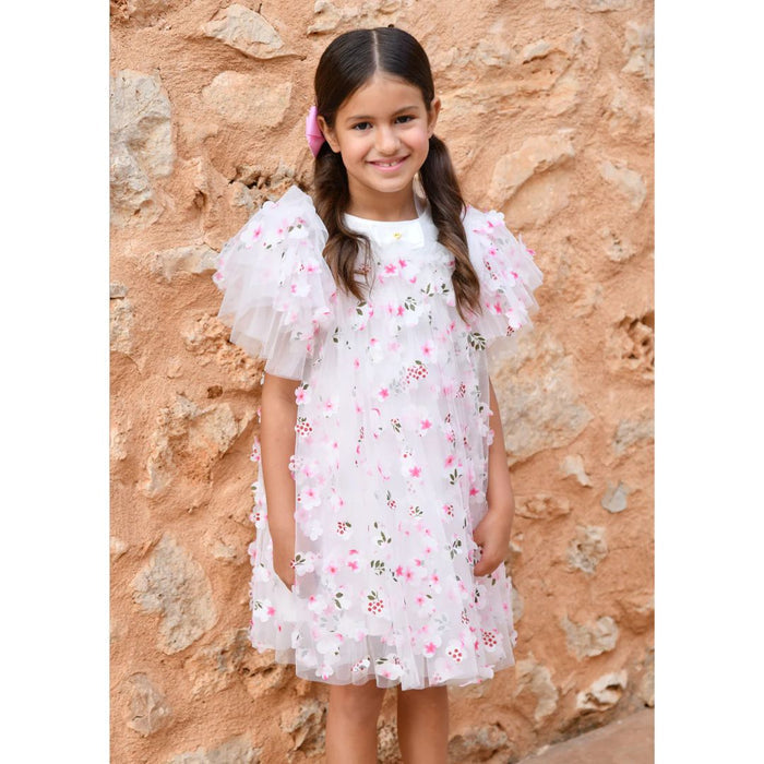 White & Pink 3D Flower Dress