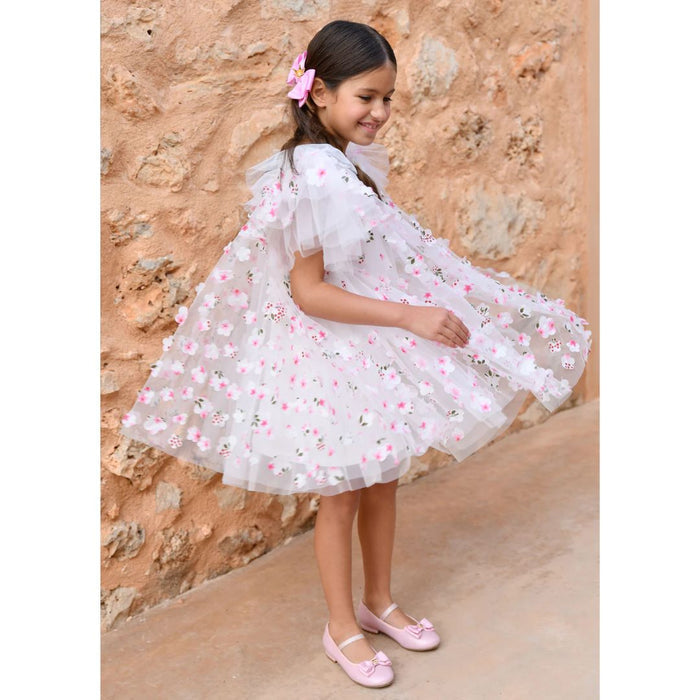 White & Pink 3D Flower Dress