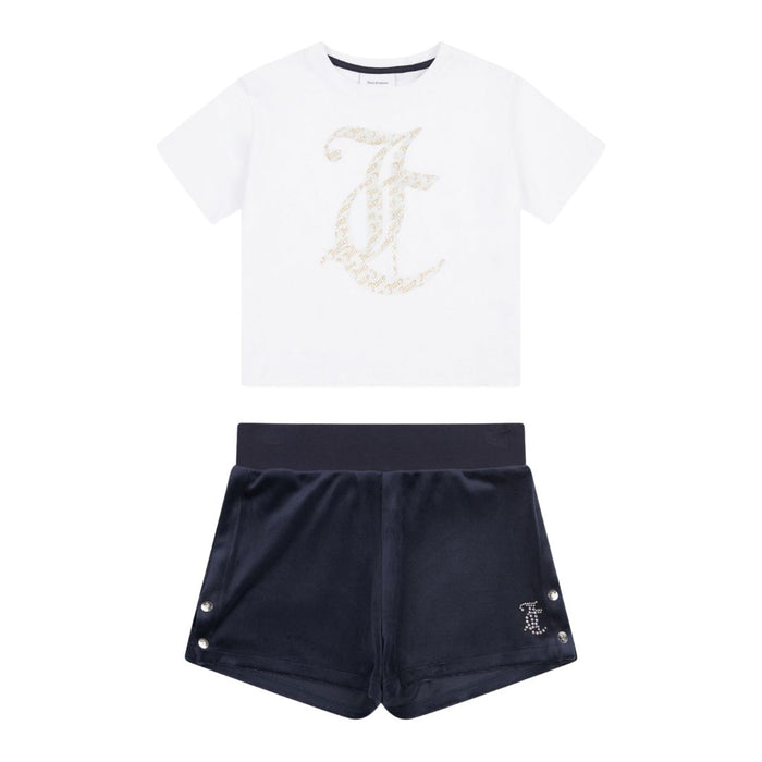 White T-Shirt & Navy Velour Shorts Set