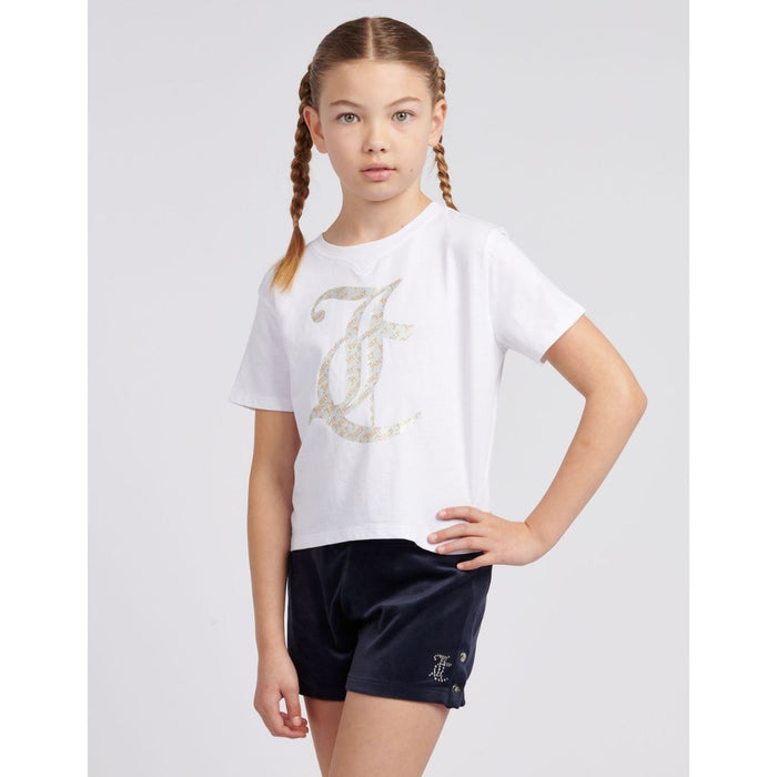 White T-Shirt & Navy Velour Shorts Set