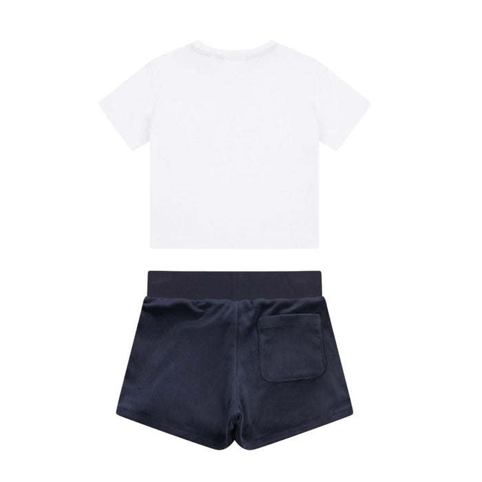 White T-Shirt & Navy Velour Shorts Set