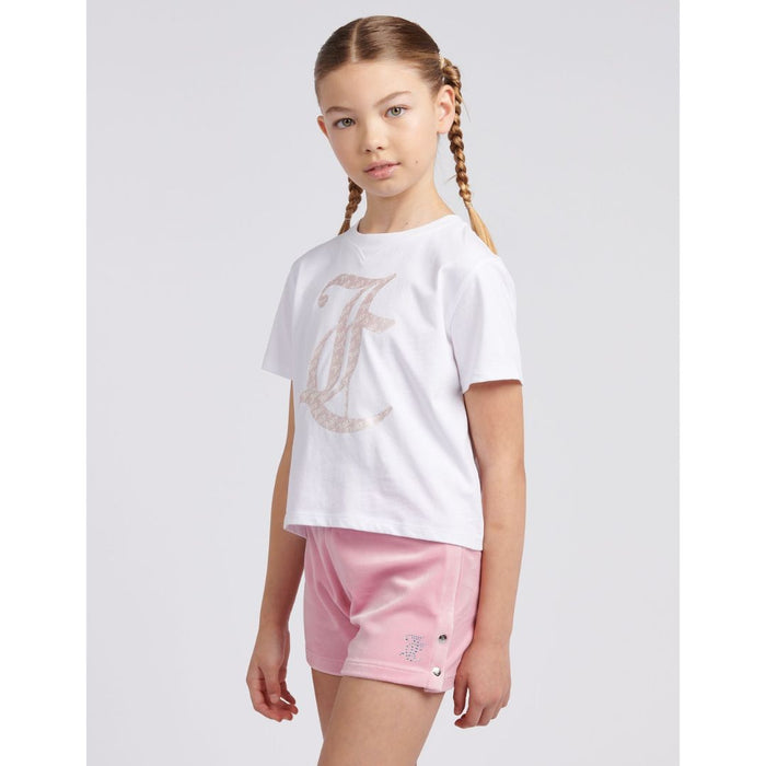 White T-Shirt & Pink Velour Shorts Set