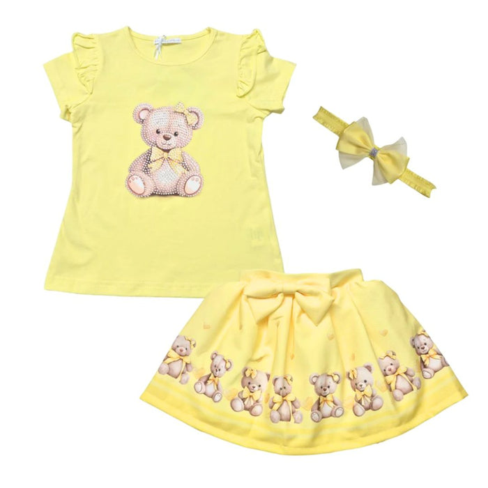 Yellow Diamante Teddy Skirt Set & Headband